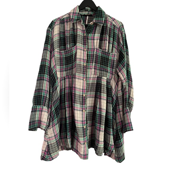 Free People The Voyage Shirtdress Mini. Oversized Pink Grey Turquoise Plaid XS - Picture 4 of 16